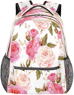 Mochilas para meninos e meninas flor de peônia para laptop, mochila escolar com vários bolsos, mochila floral com alça de ombro ajustável para viagens, caminhadas, acampamento, Multi, Medium