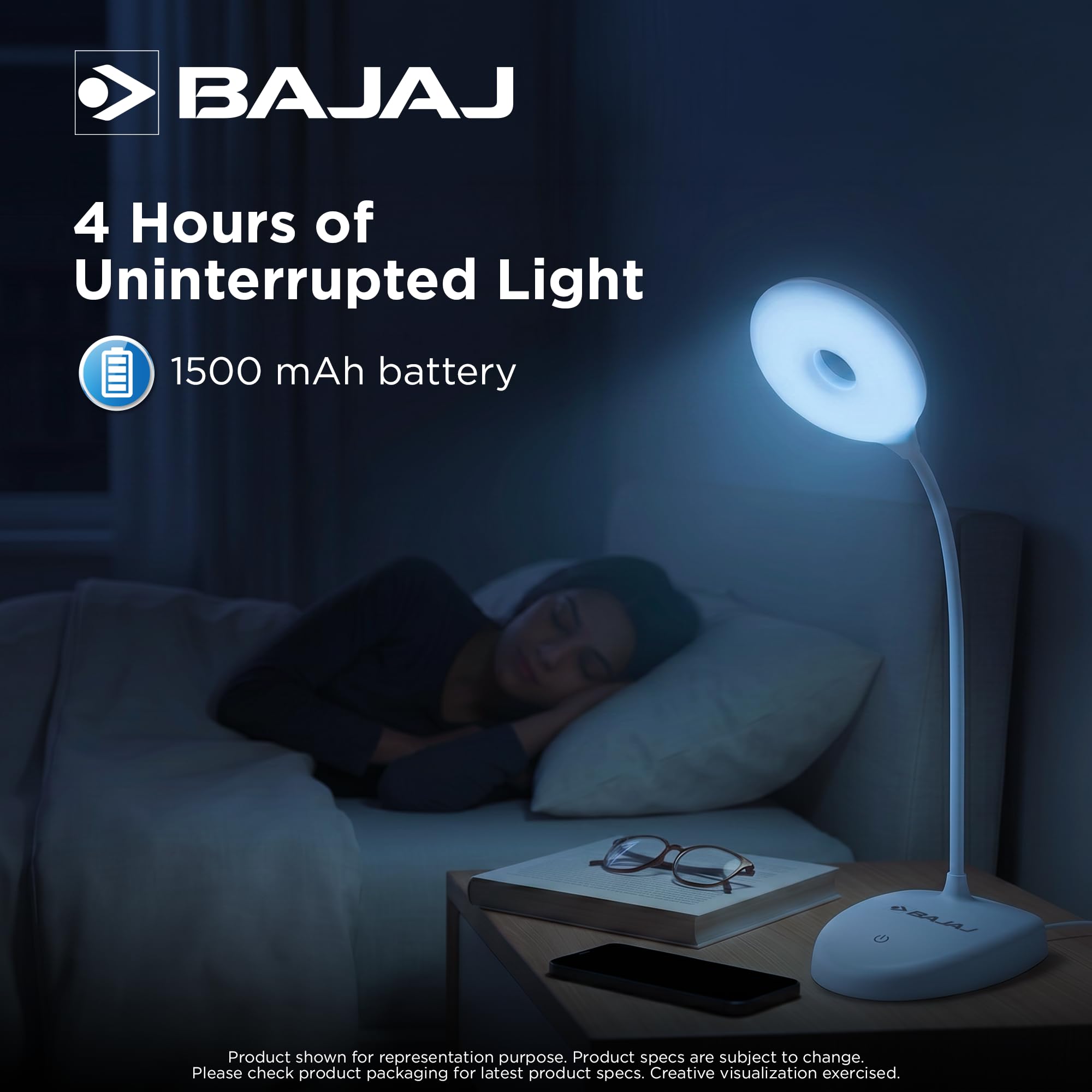 Bajaj Softlite LED Table Lamp - 3 Color Modes, Rechargeable -7