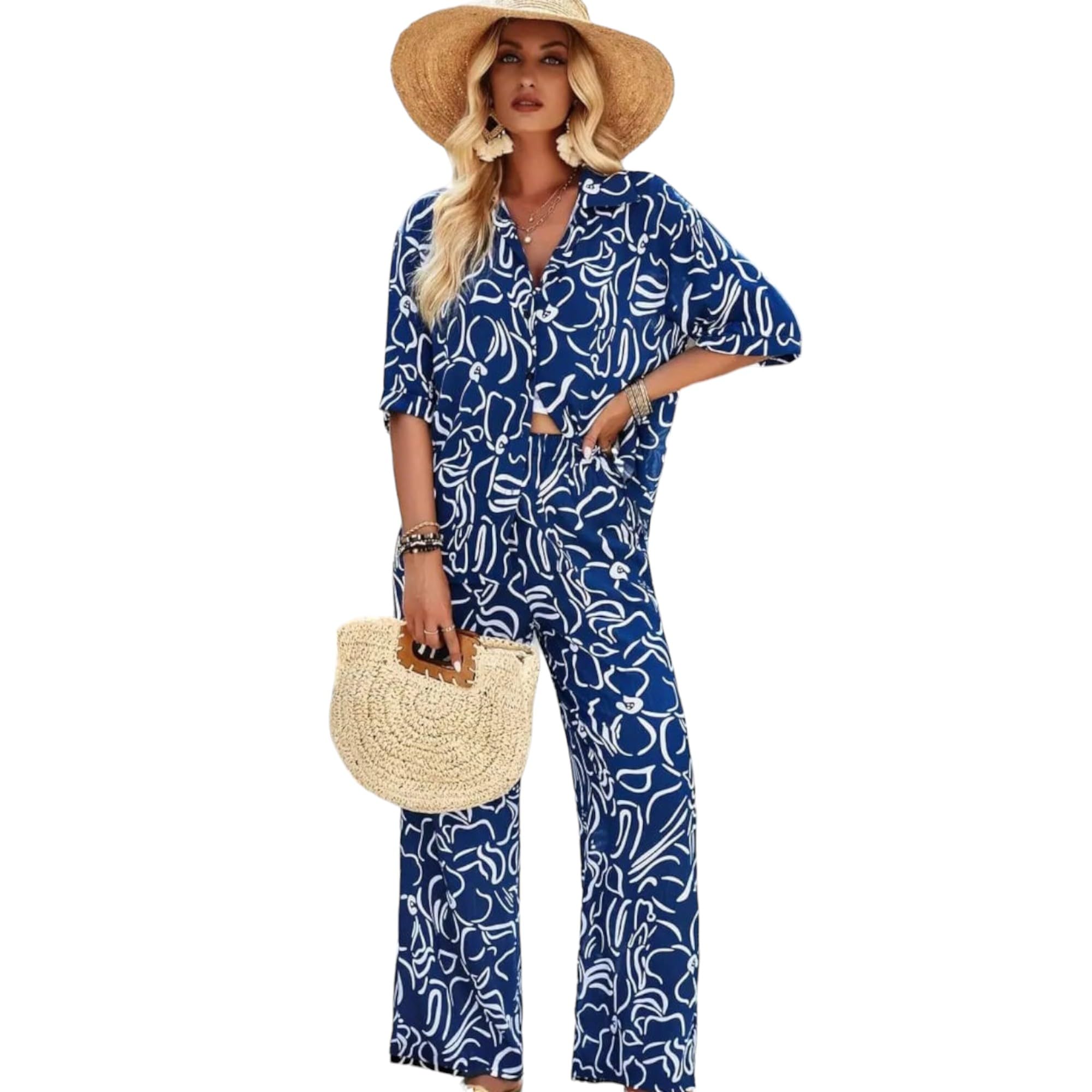 Women's Blue and White Abstract Print Co-Ord Set, Half Sleeve Shirt and Wide Leg Pants