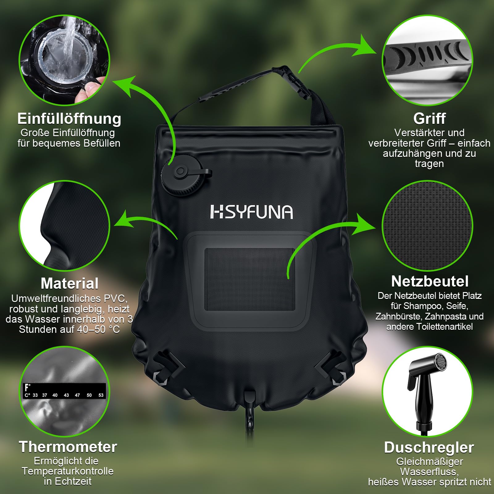 Campingdusche,5 Gallonen/20L mit Temperaturanzeige Solardusche Camping,Warmwasser 45°C Camping Dusche Outdoor,für Wandern Klettern