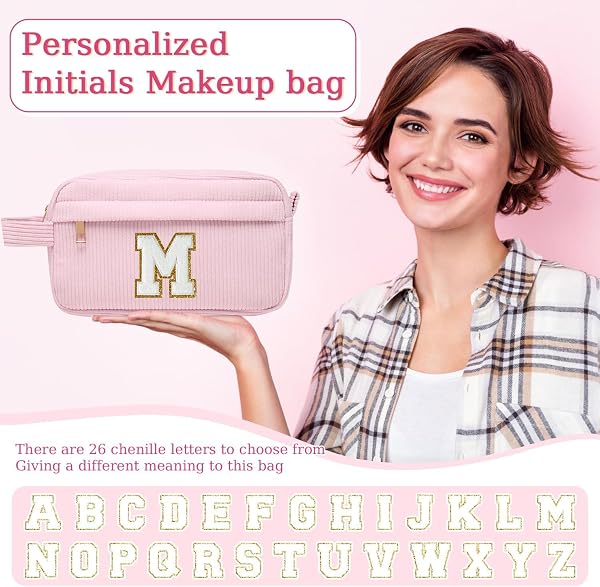 Borsa per cosmetici per donna Personalizzata Iniziale, Pochette Trucchi Viaggio con Tasca Interna, Trousse Trucchi Organizer Cosmetici, Regalo Compleanno Natale Ideale per Donne Ragazze Amic Rosa C - 3