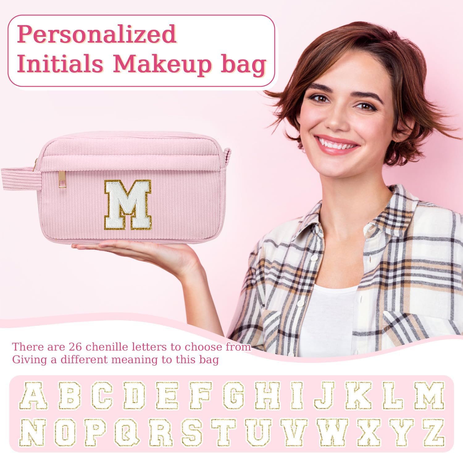 Borsa per cosmetici per donna Personalizzata Iniziale, Pochette Trucchi Viaggio con Tasca Interna, Trousse Trucchi Organizer Cosmetici, Regalo Compleanno Natale Ideale per Donne Ragazze Amic Rosa G