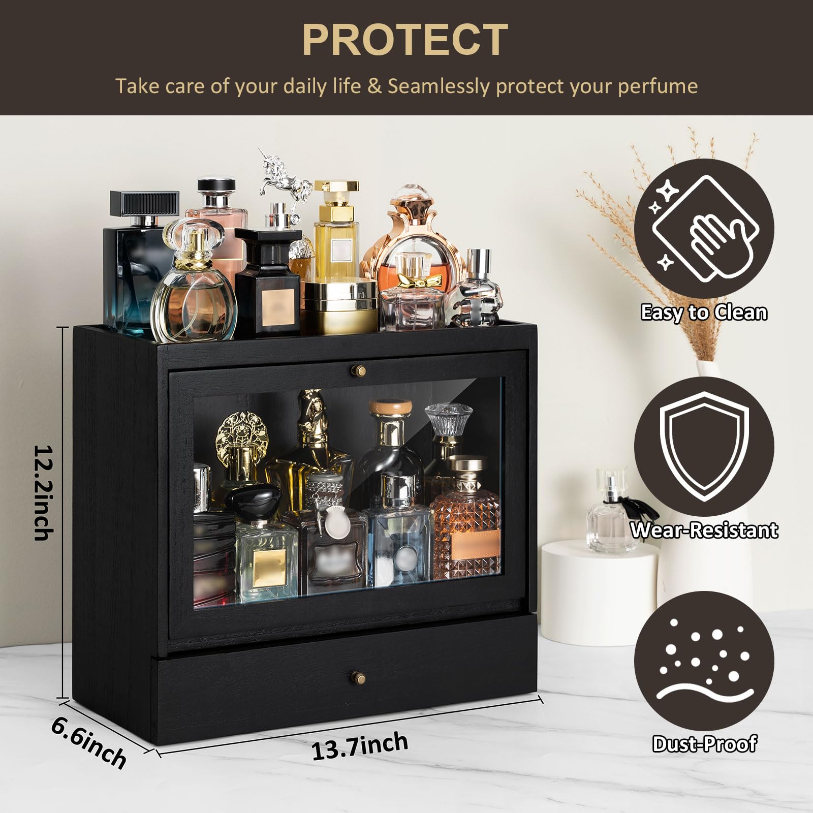 Organizador de perfumes para hombres y mujeres, organizador de perfumes de madera con cajón, gran capacidad, protección contra el polvo, para perfumes, cosméticos y joyas en el tocador (negro)