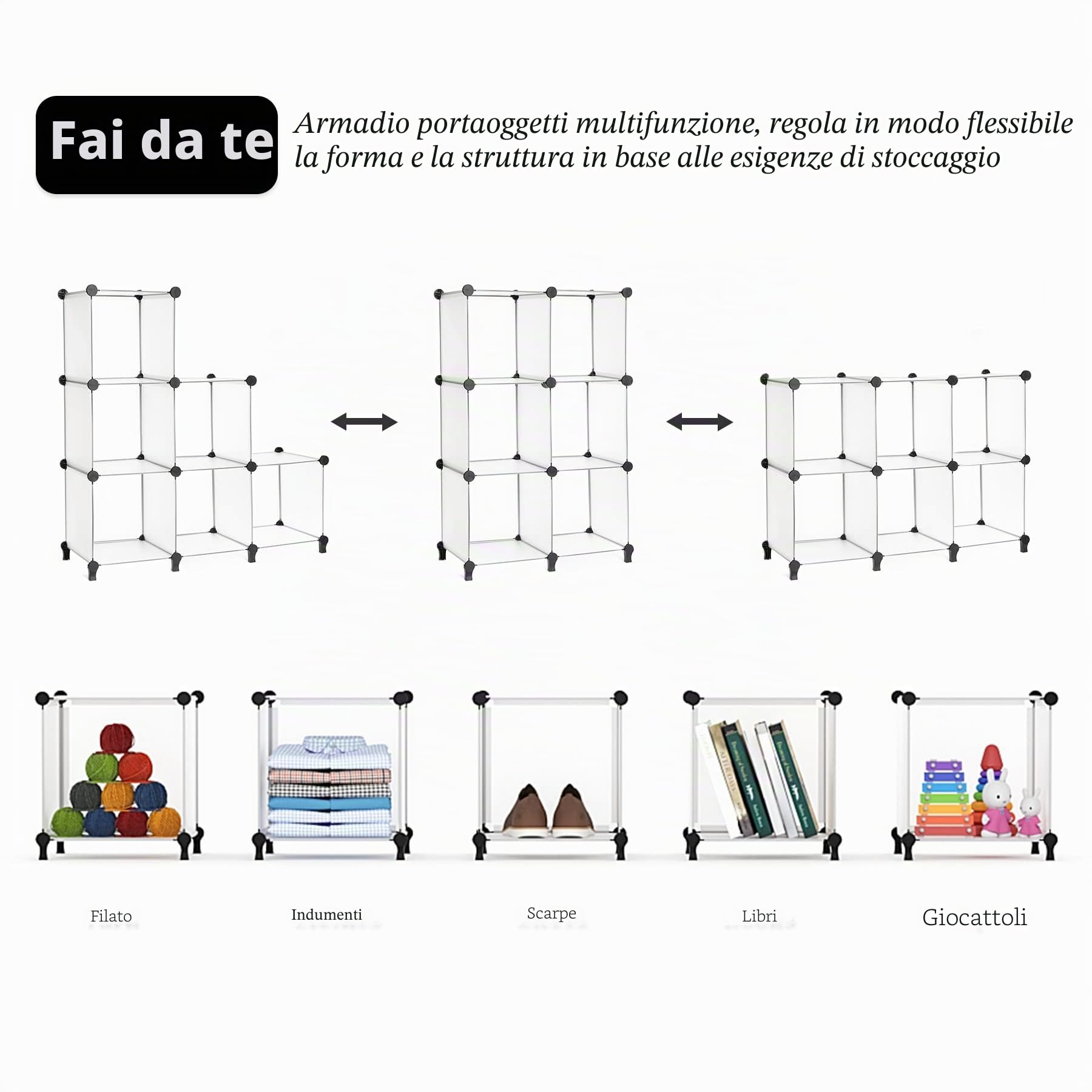 AWTATOS Organizer per armadio, modulare, 6 cubi, in plastica, per fai da te, libreria, vestiti, per casa, camera da letto, soggiorno, ufficio, bianco trasparente