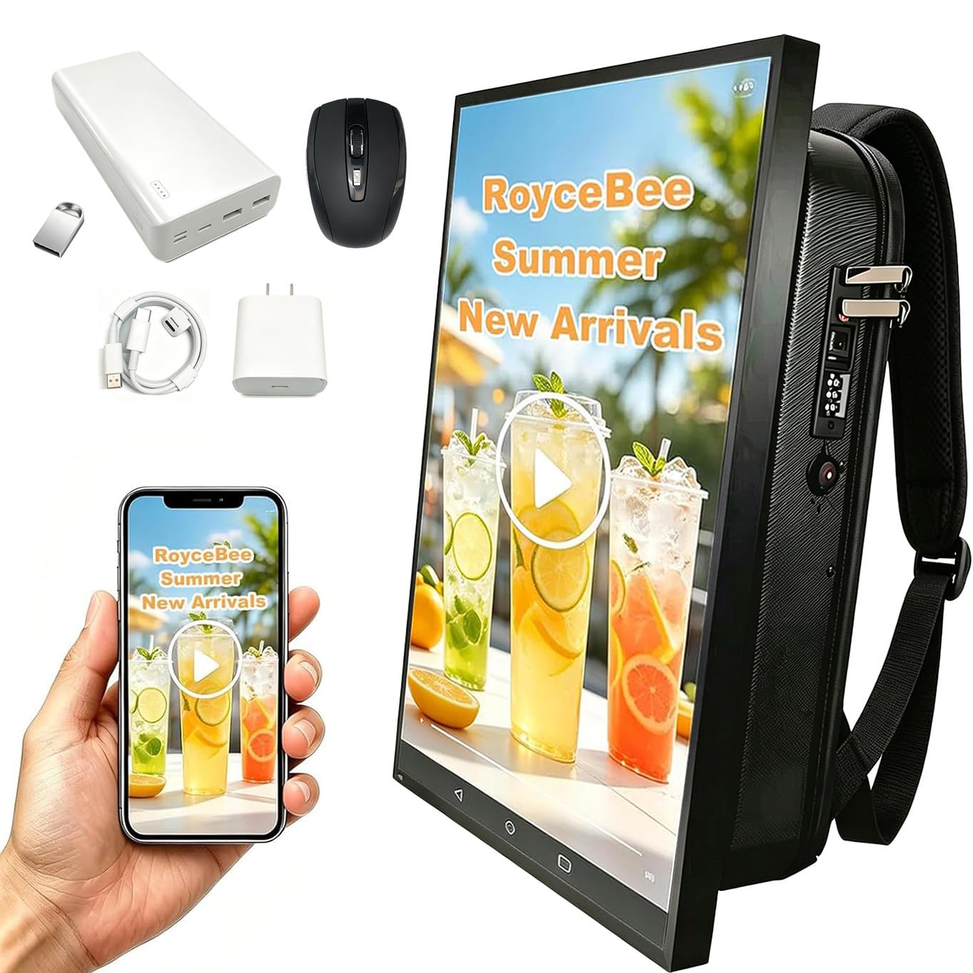 Lunauemaya 21.5" LCD Advertising Backpack, Portable Walking Billboard, Digital Signage Backpack for Street Promotion, Outdoor Marketing & Live Ads, Android-OS, 30000 mAh Power Bank Included
