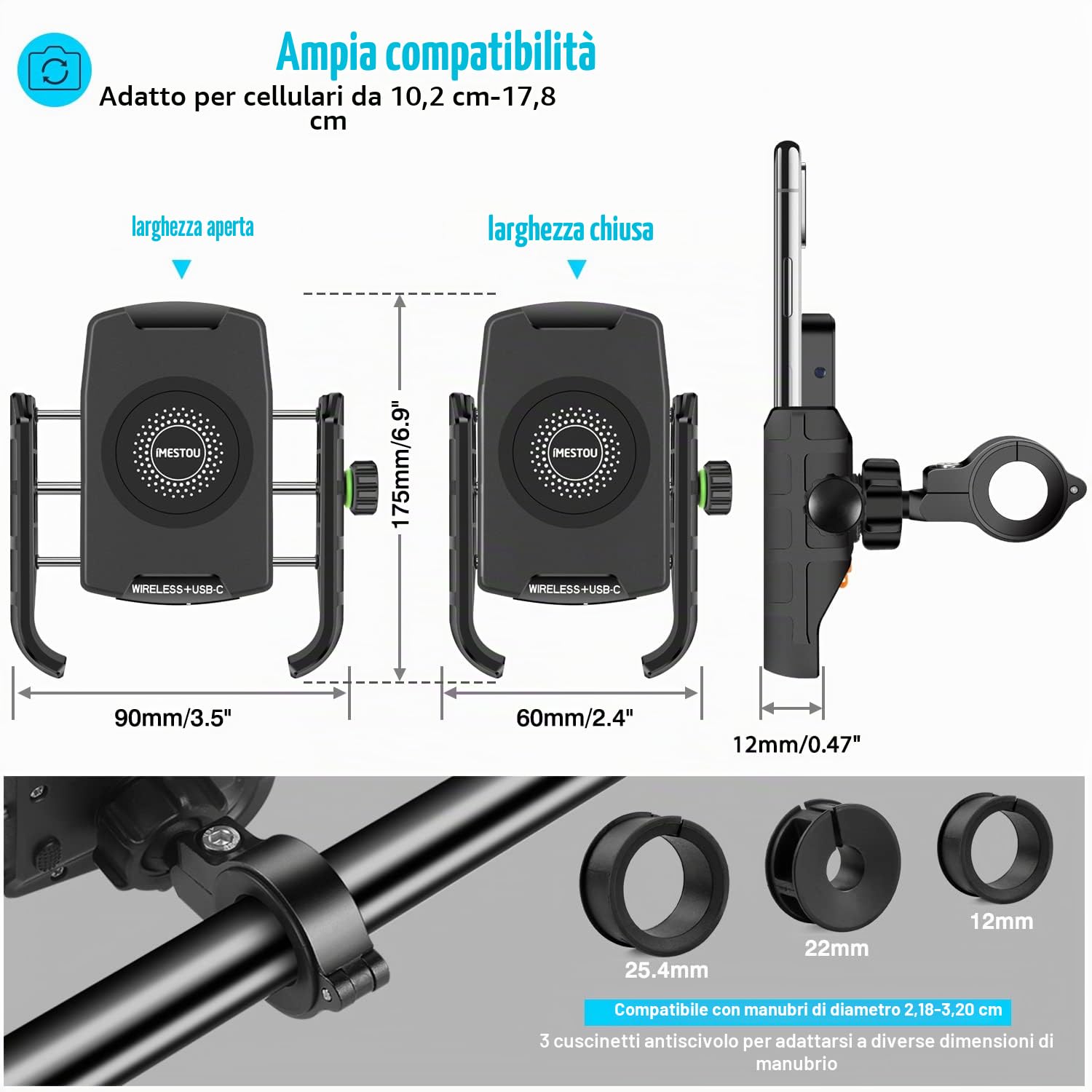 iMESTOU Caricatore del Supporto per Telefono Wireless Moto, Supporto Mobile a Specchio Manubrio/Retro-visione con Carica Rapida USB 3.0, Adatto a Telefoni Cellulari da 4,0" a 7,0"