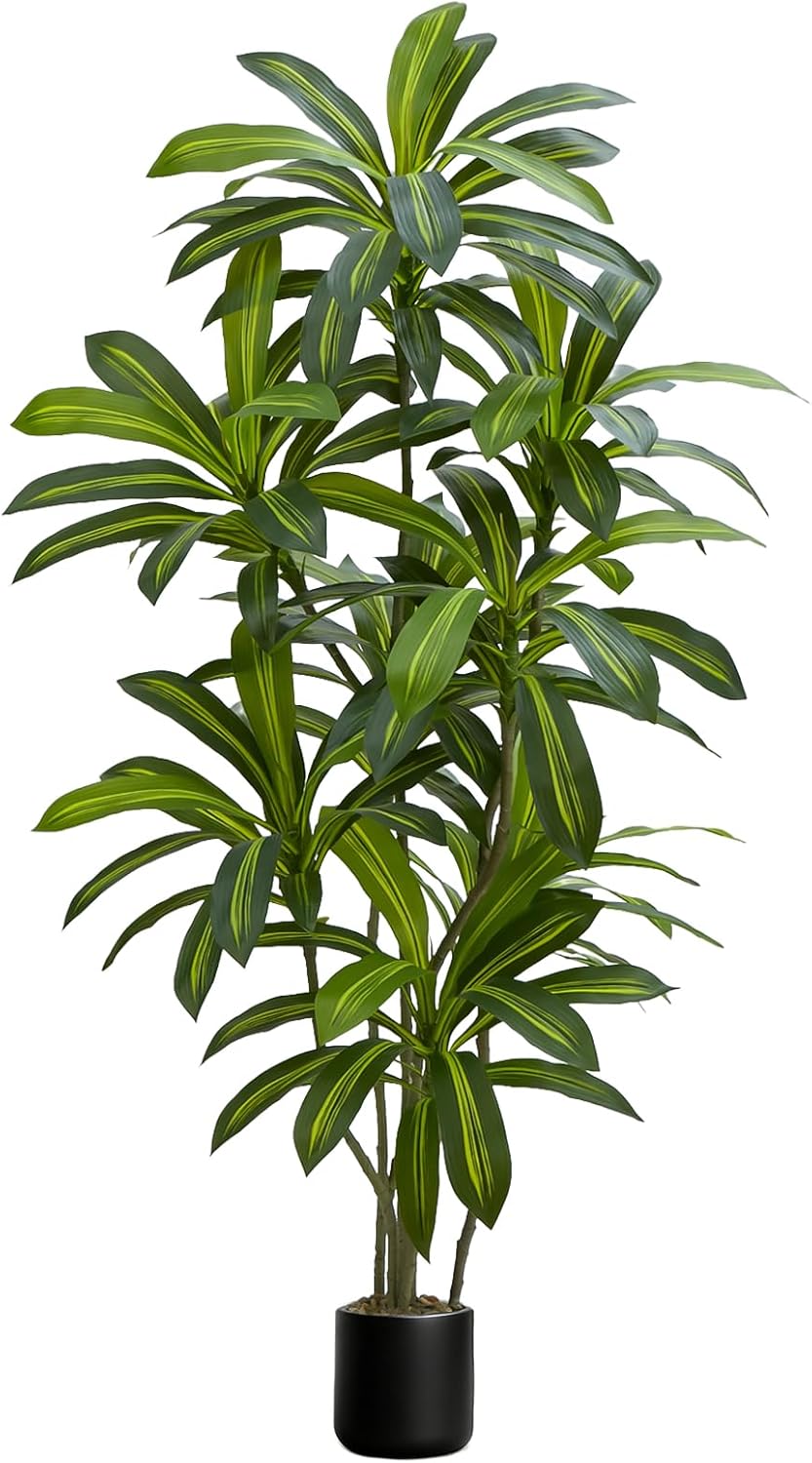 Artificial Dracaena Tree, 5FT Tall Fake Plant with Real Touch Leaves & White Planter, Artificial Trees Dracaena Faux Floor Plants for Indoor Outdoor Home Living Room Office Patio Decor