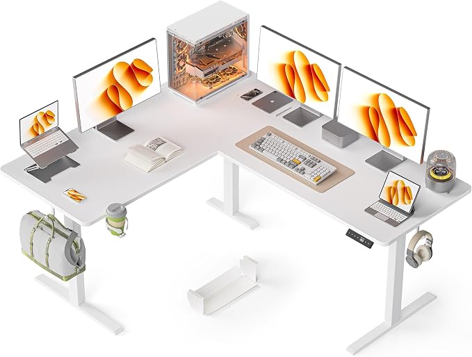 WALKINGDESK Bureau électrique en L, 160 x 140 cm Bureau d'angle Assis Debout, Ergonomique Bureaux Réglable en Hauteur, Standing Desk avec 4 Contrôles de Mémoire, 2 Crochet, Blanc