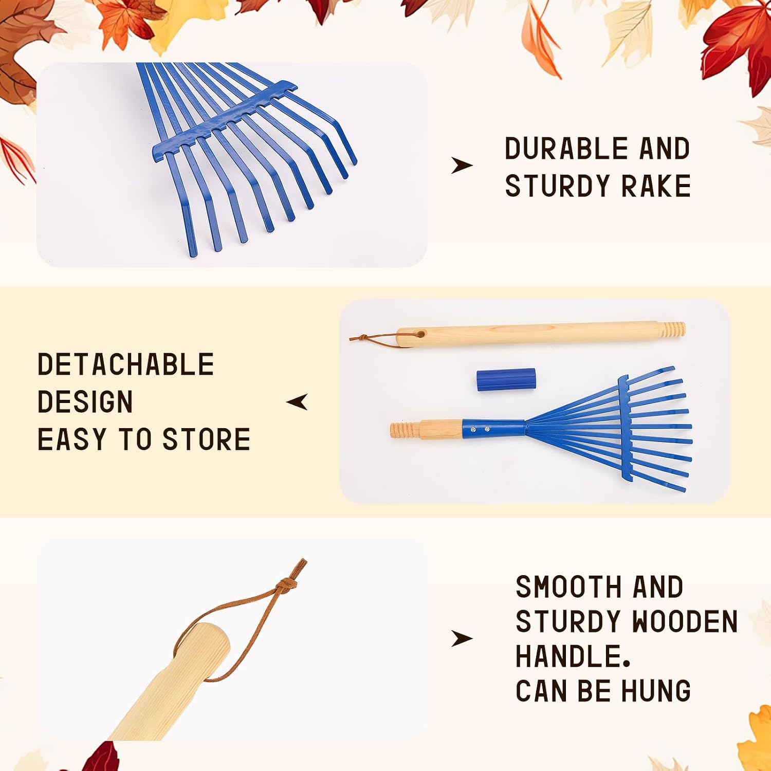 Kids Rakes with Hardwood Handle - Metal Kids Leaves Rakes, 28" Child Size Lawn Rakes with Vibrant Blue Heads, Garden Tool Set for Kids Boys and Girls image 3