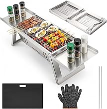Kleiner Tragbarer Camping Holzkohlegrill, Mini tischgrill holzkohle mit 4-stufiger Hitzeverstellung, reise Klappgrill für Outdoor, Camping, Garten, picknick, Strand & Party Barbecue