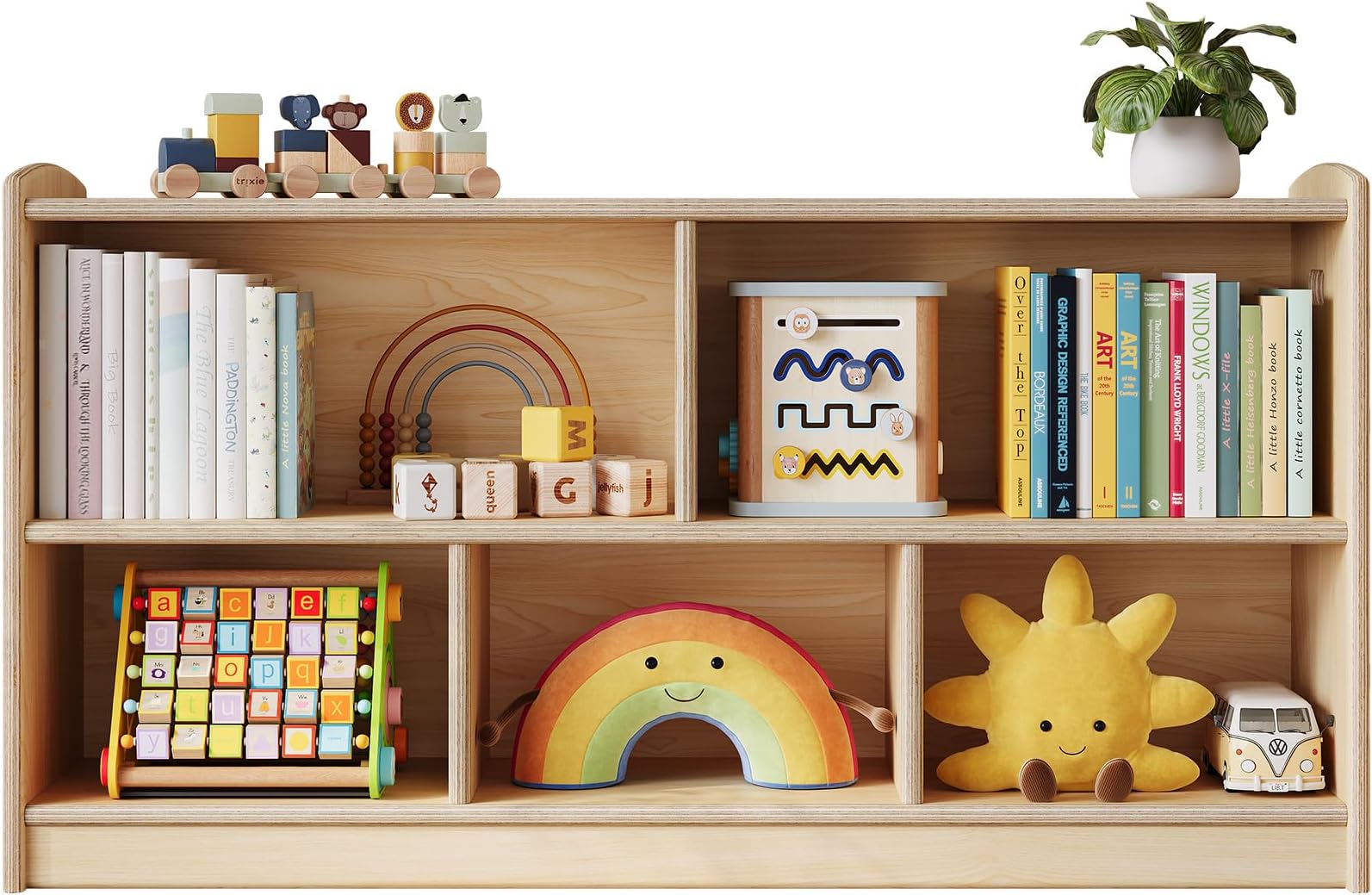 ONBRILL Wood 5-Compartment Montessori Shelf, Kids Room Toy Organizers and Storage, 2-Tier Small Book Shelves Storage Cabinet for Toddler Baby, Furniture of Classroom, Nursery, Playroom