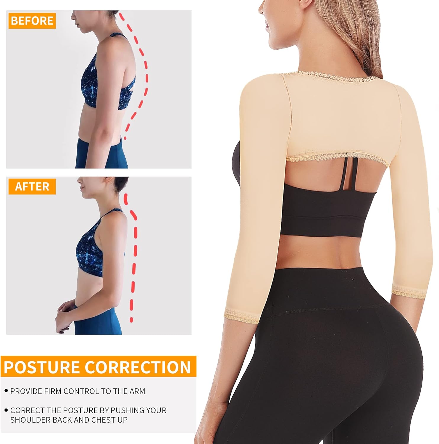 RDSIANE Upper Arm Compression Shaper Post Surgery Slimmer Sleeves Posture Corrector Tops Shapewear for Women - Image 3