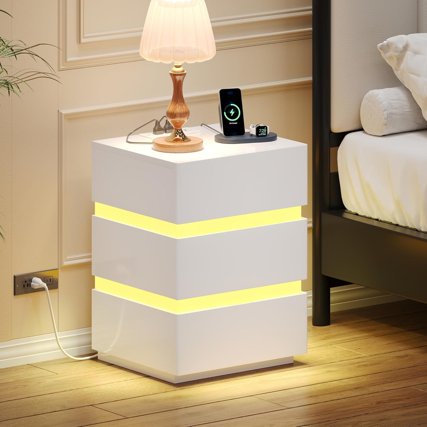 Nightstand with Charging Station and LED Lights, Night Stand with 3 Drawers, Modern End Table Side Table with USB Ports and Outlets, White (1)