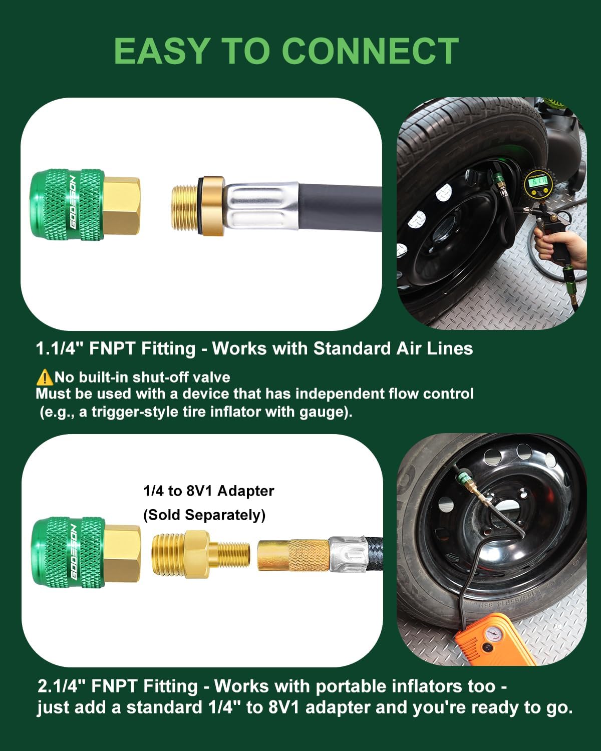 GODESON Locking Air Chuck, Open-Flow 1/4" FNPT Tire Inflator Nozzle for Air Compressors, Tire Air Chuck Quick Connect for Cars & SUVs, All Metal, Hands-Free Lock-On, Green (Pack of 2)