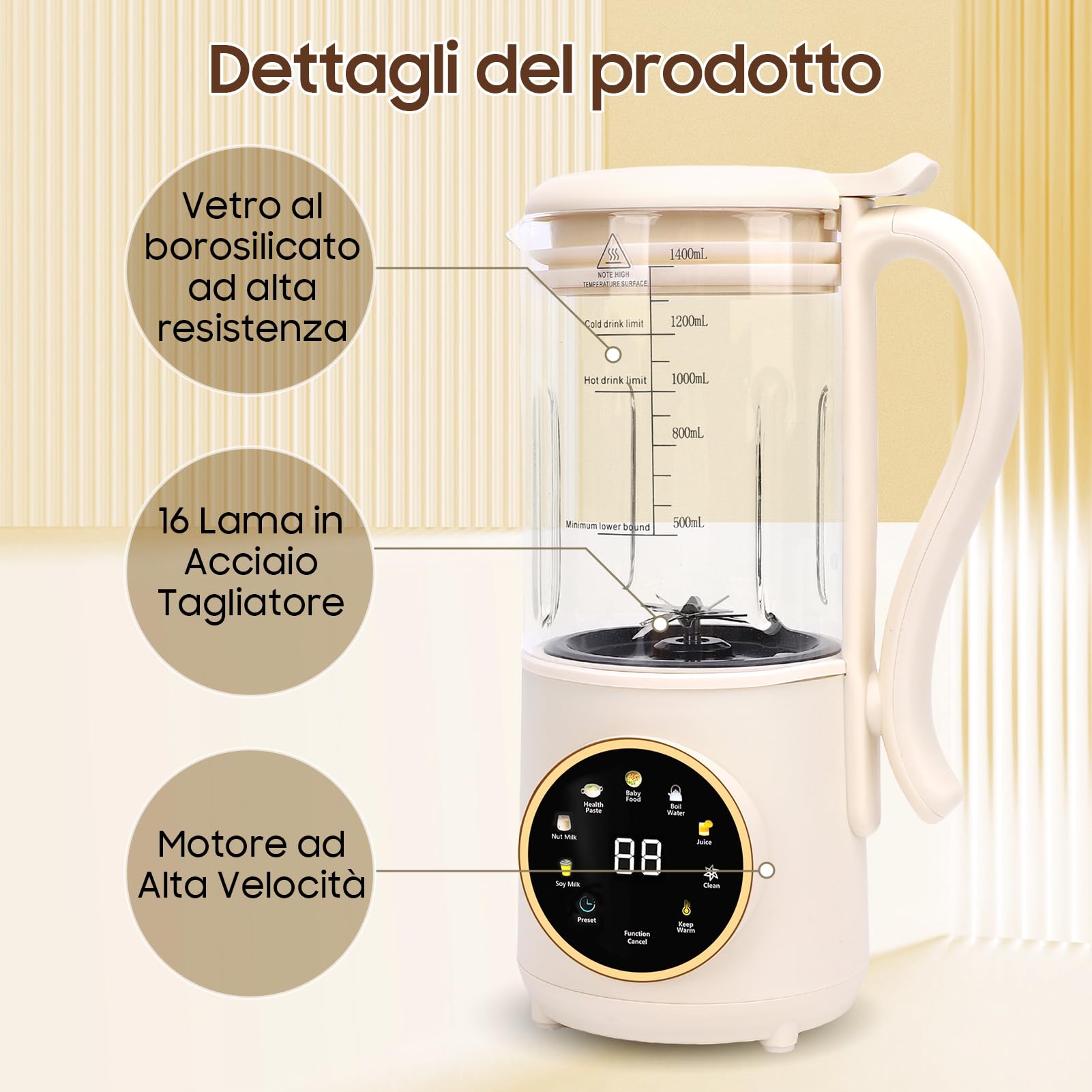 Macchina per Latte di Soia, 1400ml Automatico Multifunzionale Macchina per Latte di Noci con LED Display, Macchina per Latte Vegetale Fatto in Casa, Soia, Mandorle, Avena Bevande