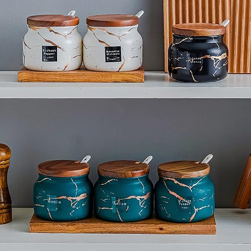 Miniatura 7 de 3 juegos de tarros redondos de cerámica de mármol para condimentos, contenedores de azúcar, juego de tarros de condimentos con tapa de madera,