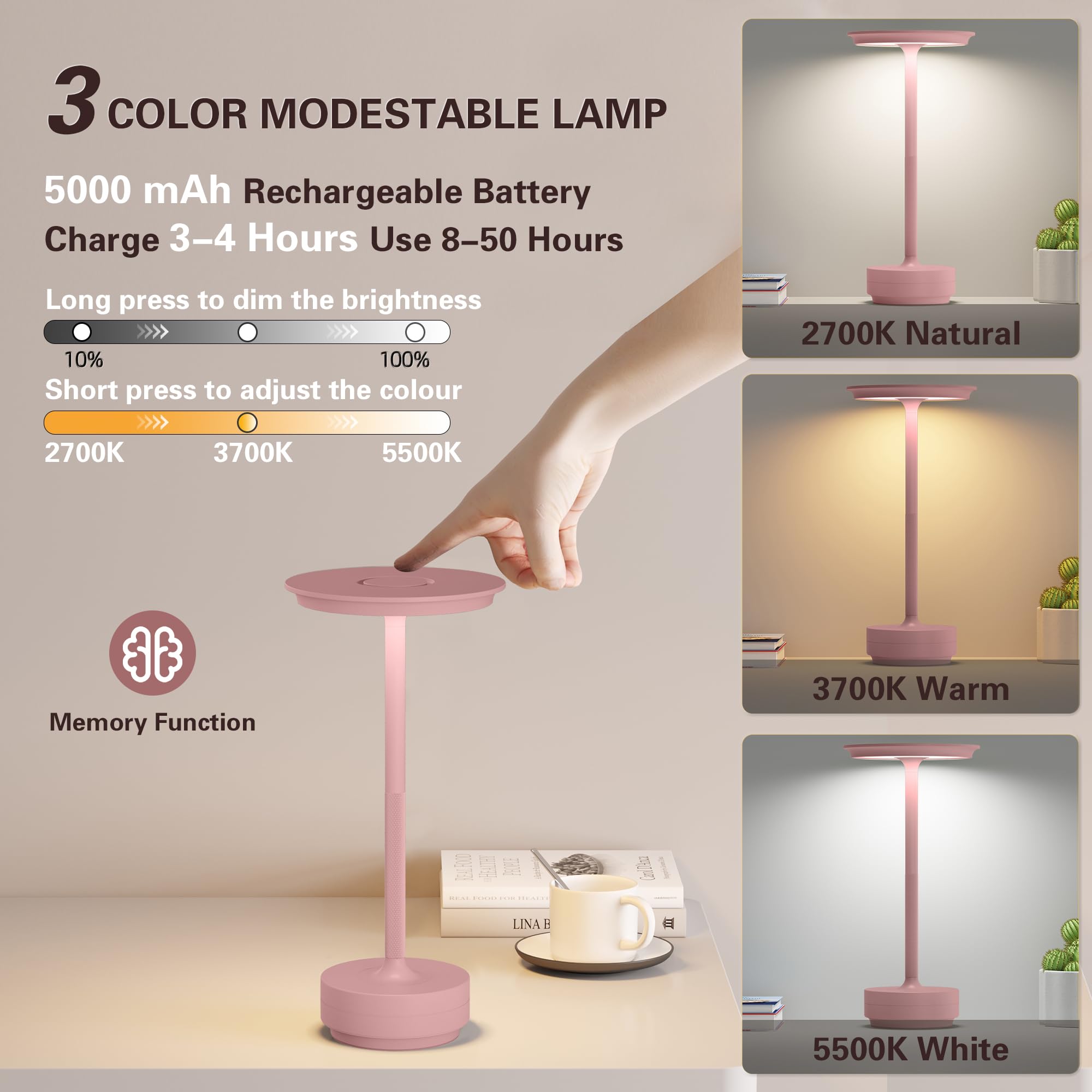 Juego de 2 lámparas de mesa inalámbricas, recargables de 5000 mAh, funciona con pilas, para exteriores,