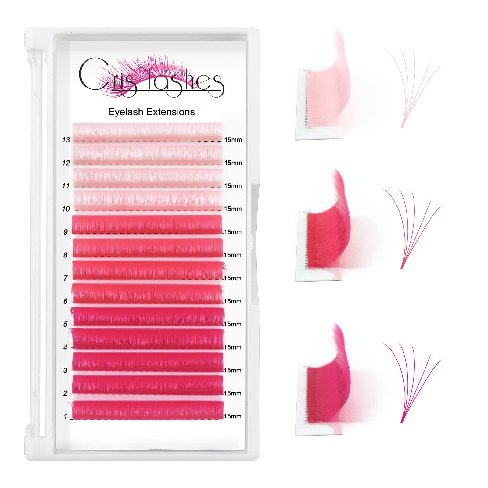 Crislashes Rosa Selbstfächernde Wimpernverlängerung, farbige Wimpern, bunt voulmen Wimpern Extensions, Coloured Eyelash Extensions, Ombré Pink 0.07 C Curl 15mm Seiden Wimpern(ombré Rosa-0.07C-15)