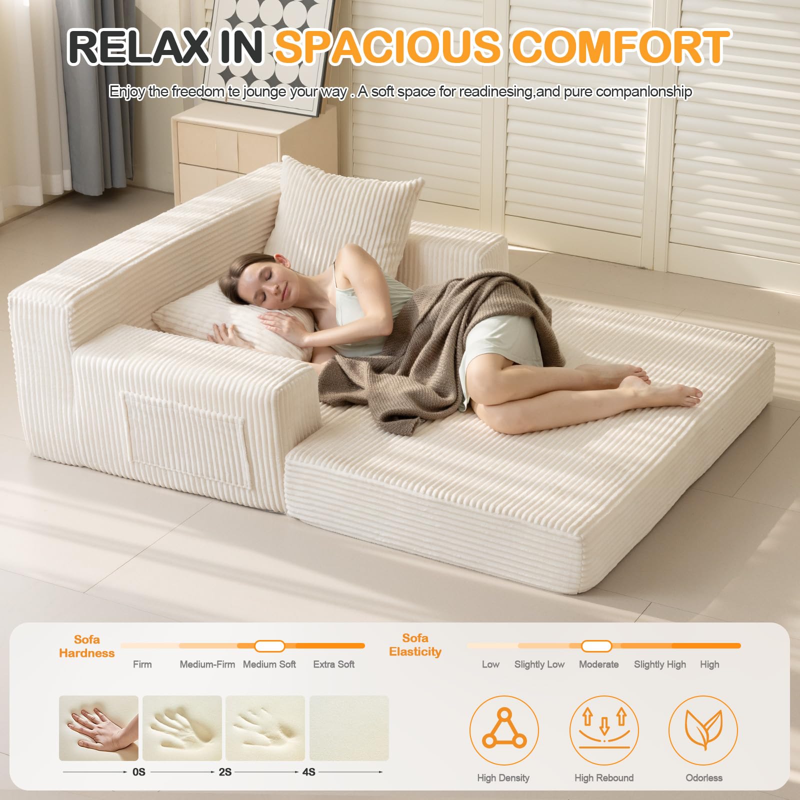 Erament Convertible Sofa Bed, Loveseat Folding Floor Futon Sleeper Sofa Couch Bed- Boneless Foldable Couch, Corduroy Pull Out Sofa Bed with 2 Pillows for Living Room & Bedroom