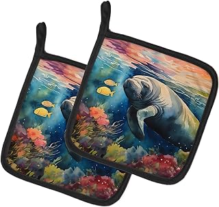 Caroline's Treasures Manatee Pair of Pot Holders Kitchen Heat Resistant Pot Holders Sets Oven Hot Pads for Cooking Baking BBQ, 7 1/2 x 7 1/2