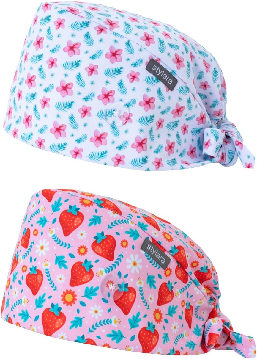 Scrub Caps Women - 2 Pack Adjustable Surgical Cap with Buttons & Cotton Sweatband, Nurse Hat for Doctors & Dentists