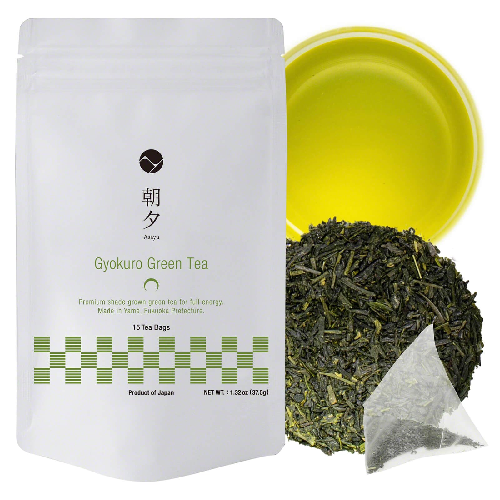Asayu Japan Tè Verde Giapponese Gyokuro15 Bustine - Tè Verde Giapponese Premium Coltivato all'Ombra 2,5 gr x 15 bustine per Energia e Sprint Mattutino (Tè Verde Gyokuro)
