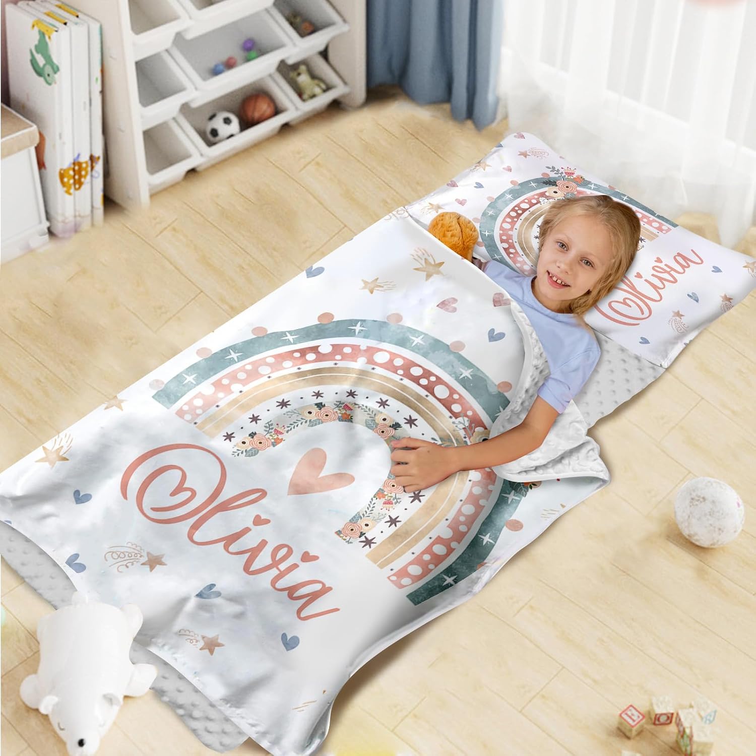 Dyoart Custom Rainbow Nap Mat, Personalized Name Toddler Sleeping Bag for Daycare Preschool Kindergarten, Boys Girls Sleep Mats with Pillow Blanket, Kids Sleep Sacks for 2-15 Years, Love Rainbow