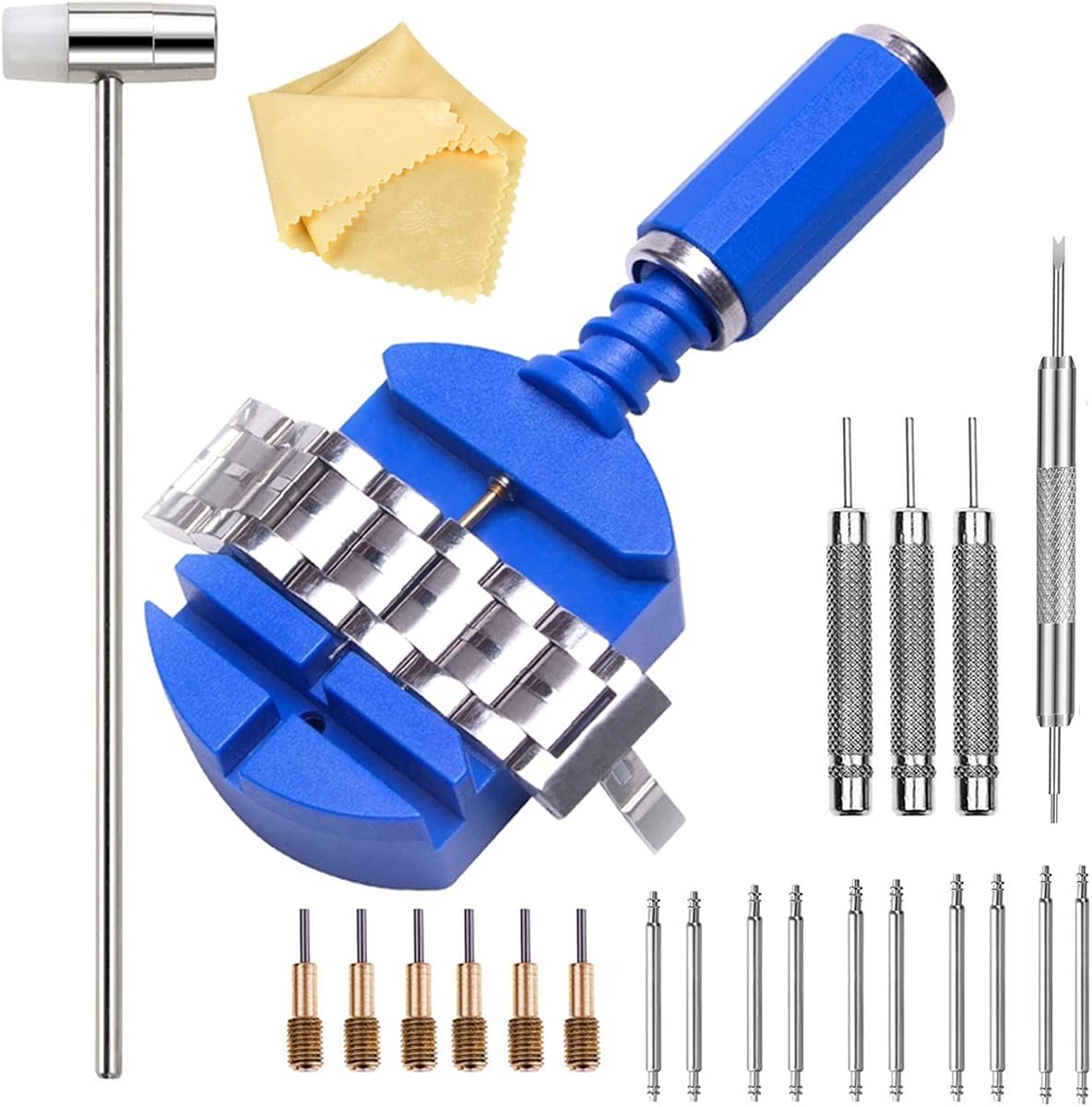 Watch Band Link Removal Tool Kit Watch Pin Removal Tool 16PCS | with 6pcs Replacement Pins and 3pcs Pin Punches 1pcs Head Hammer 1pcs Spring Bar Tool with 5 Pairs Strap Pins