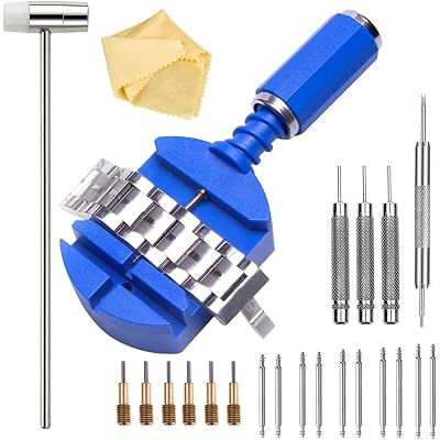 Watch Band Link Removal Tool Kit with 6pcs Replacement Pins and 3pcs Pin Punches 1pcs Head Hammer 1pcs Spring Bar Tool with 5 Pairs Strap Pins for Watch Strap Adjustment and Repair