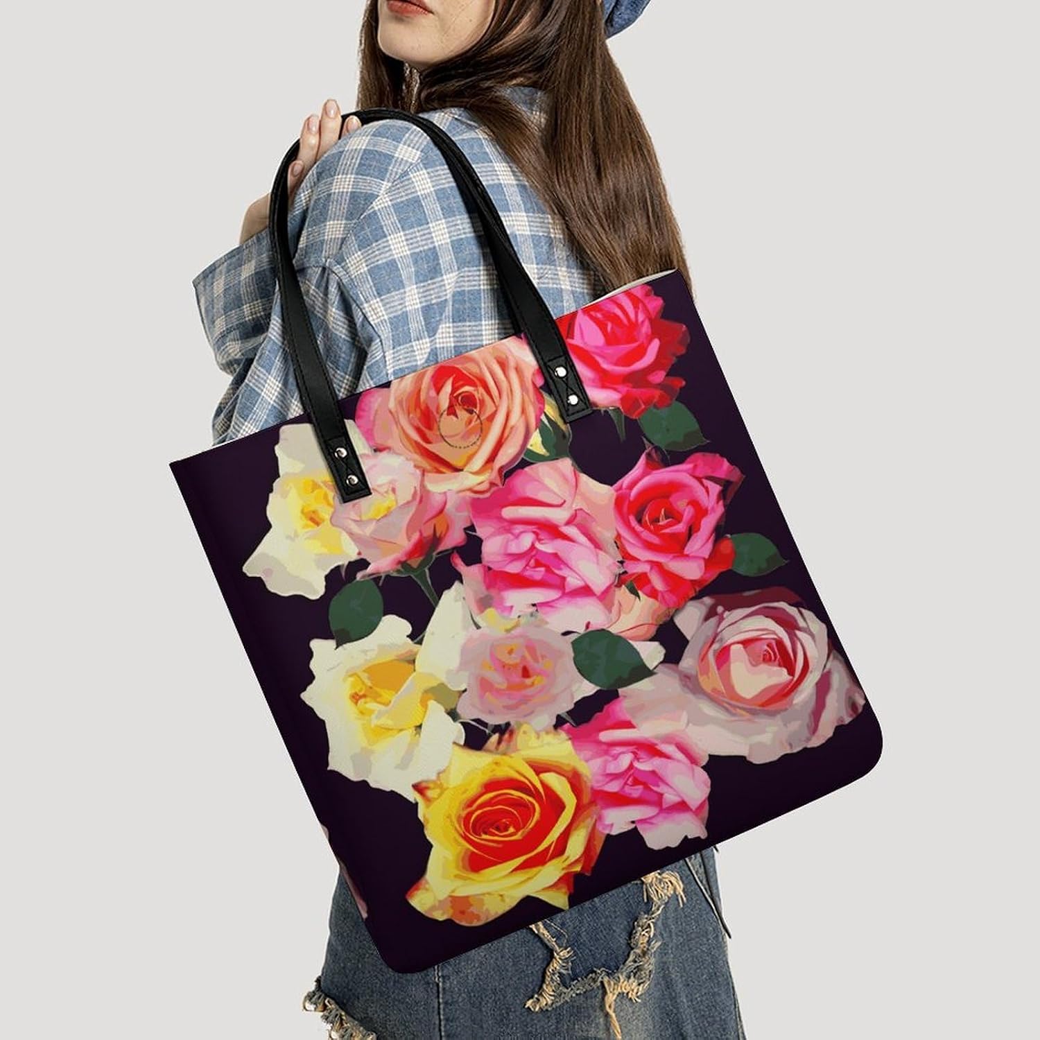 Roses Colored Tote Bag with Magnetic Buckle Reusable Grocery Bags Lightweight Cross Body Handbag for Daily Essentials