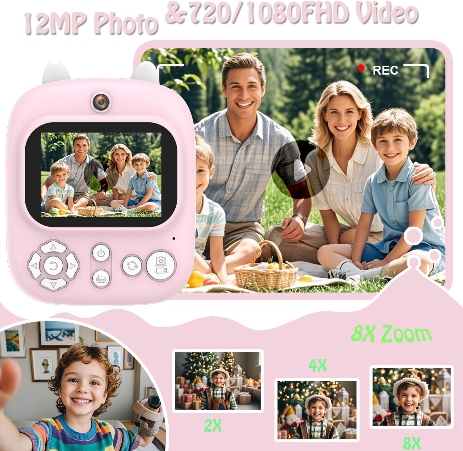 Kids Camera Instant Toddler Camera Instant Print Toys,1080P Children Printable Camera Christmas Birthday Gifts for Girls Boys Cute Camera with Ears (Pink)