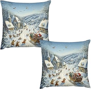 Modern Xmas Bird Santa Clause All-Season Soft Polyester Throw Pillow Cover, Watercolor Merry Christmas Farm Farmhouse Gnome Easy-Care Polyester Sofa Pillow Cover