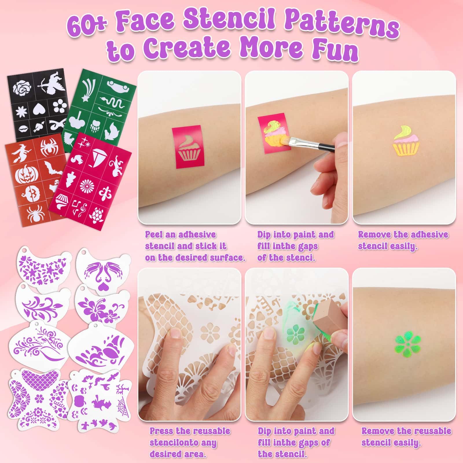 Face Painting Kit with Organizer Box, Washable Paint, Stencils and Accessories