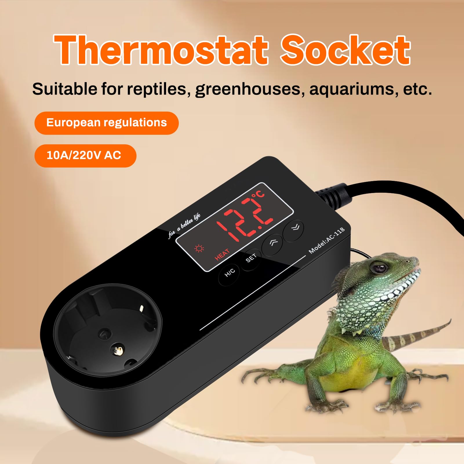 Termostato Enchufe 220V, Termostato Reptiles Terrario de Enchufe con Sensor y Pantalla LCD, Controlador de Temperatura de Enfriamiento de Calefacción para Incubadora Invernadero Reptil Acuario