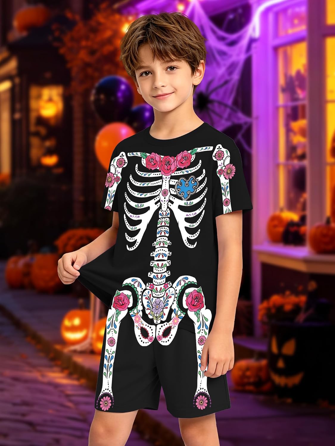 Ithalt Kids Halloween Ghost 2 Piece Outfit Set Short Sleeve and Shorts | Soft rayon blend kids set, smooth & light. Cute ghost print. Great for Halloween, trick-or-treat, or cozy nights.