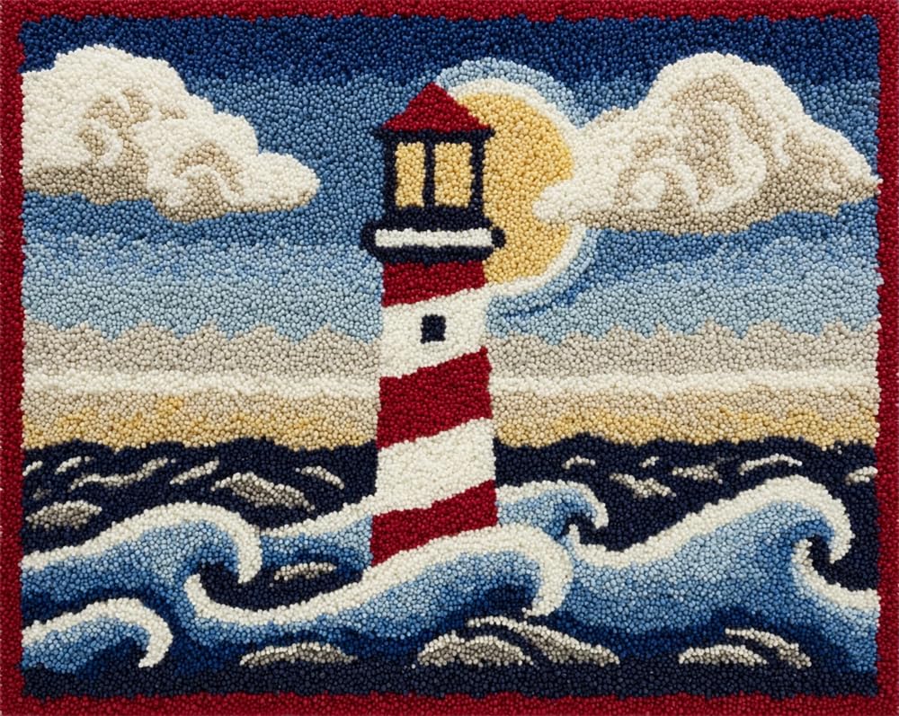 Latch Hook Rug Kit for Adults Seaside Lighthouse with Printed Canvas Crochet Yarn Floor Mat Embroidery DIY Hook and Latch Kit Carpet for Christmas Decoration 39X55In