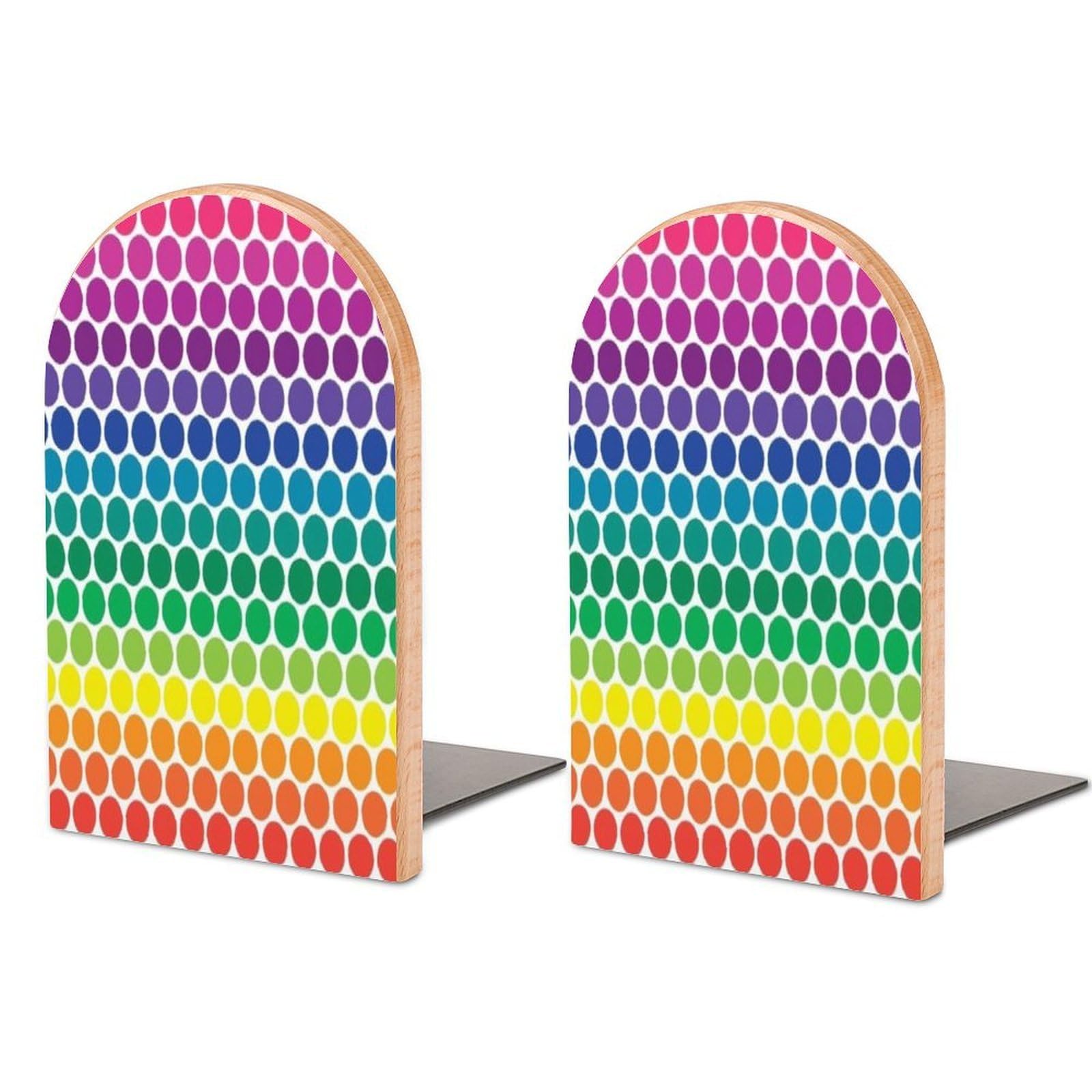 Rainbow Dots Background Beech Wood Bookends Heavy Duty Book Organizers Desktop File Holder for Office Home Bookshelf