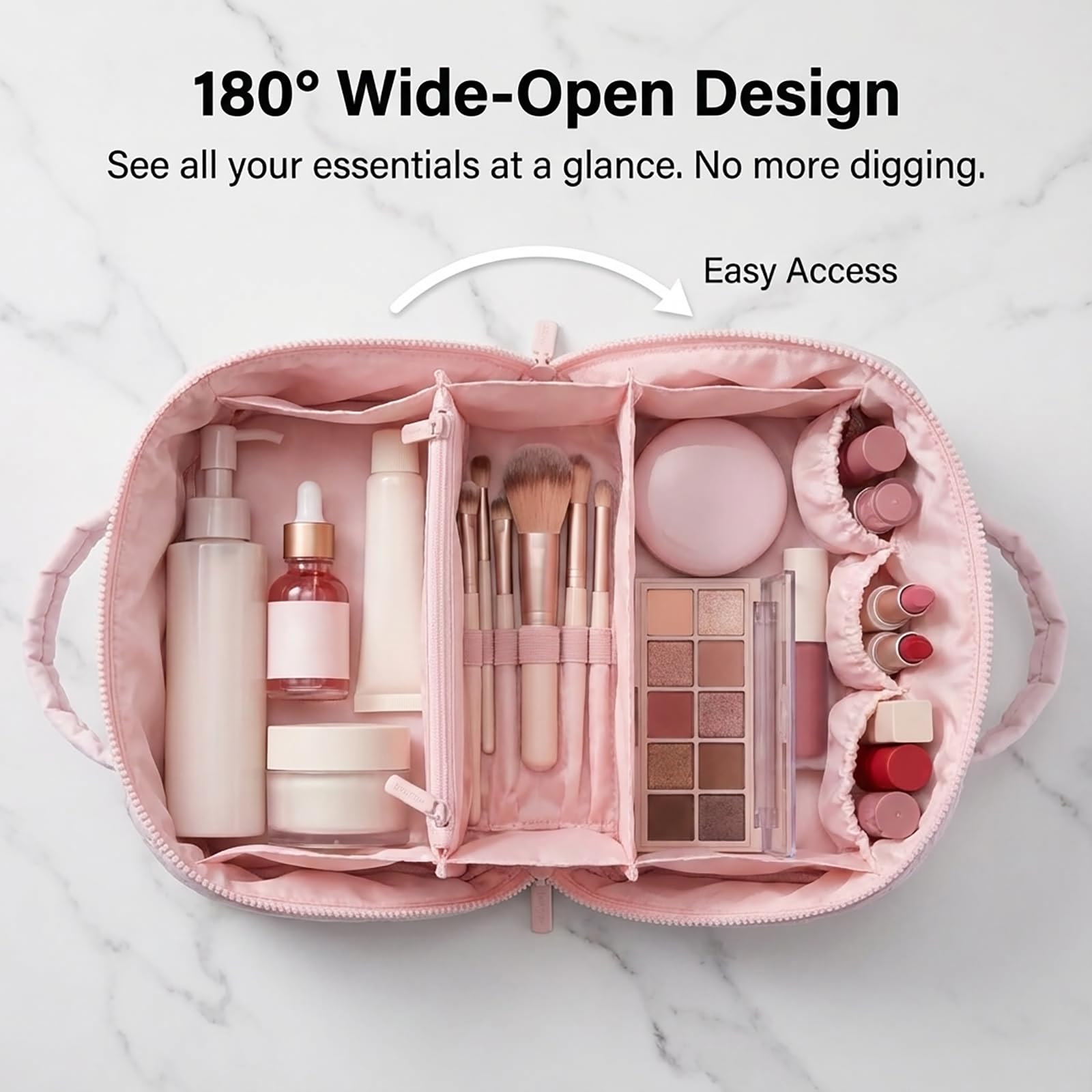 Bolsa de maquillaje de viaje y organizador de neceser, bolsa de cosméticos plana de gran apertura para mujeres de viaje y uso diario, diseño protector acolchado hinchado con compartimentos, gran