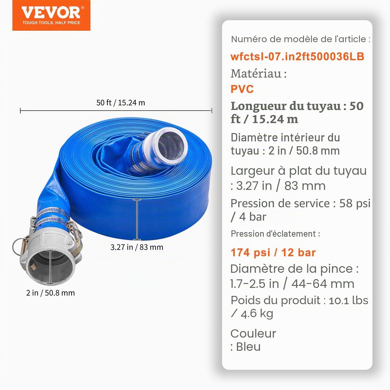 VEVOR Tuyau de lavage à contre-courant, 2 po x 50 pi, tuyau de décharge plat en PVC robuste avec raccords Camlock C & E en aluminium, pinces, compatible avec les pompes, filtres à sable, pour vidange