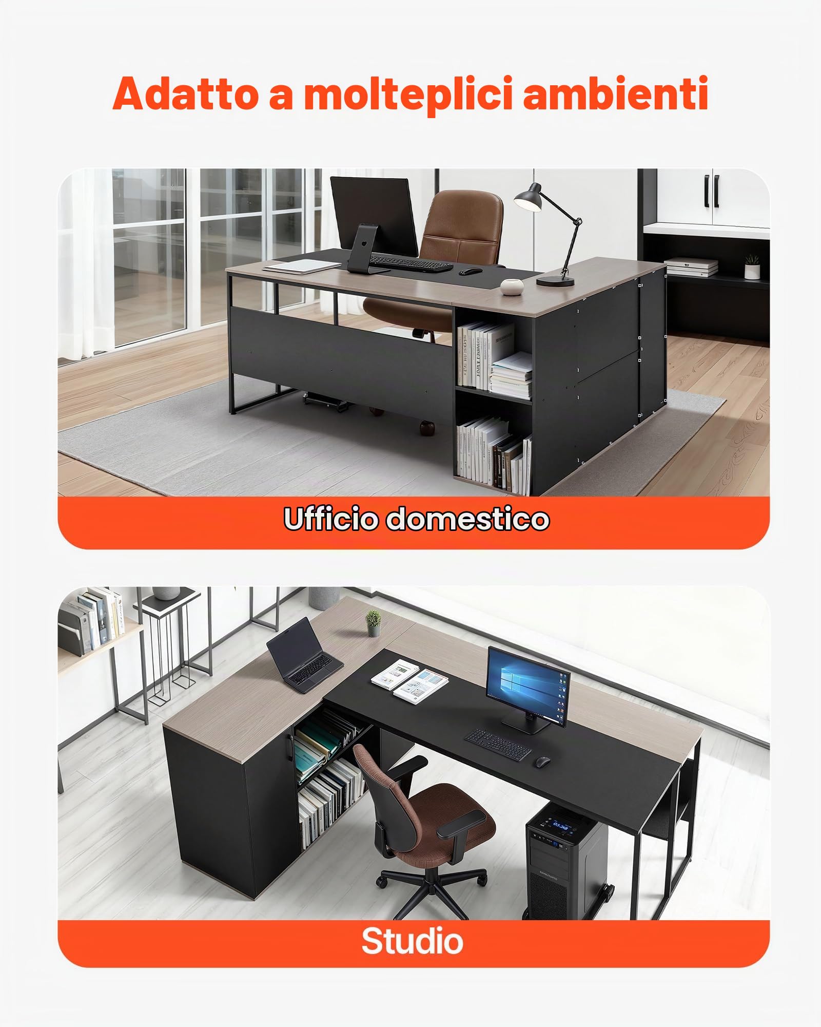 VEVOR Scrivania Direzionale a L, Ampia Scrivania in Legno Moderna per Ufficio con Cassetti, Mobiletto Portaoggetti e Supporto per CPU, Capacità di Carico di 158,7 kg, per Computer per Lavoro, Studio