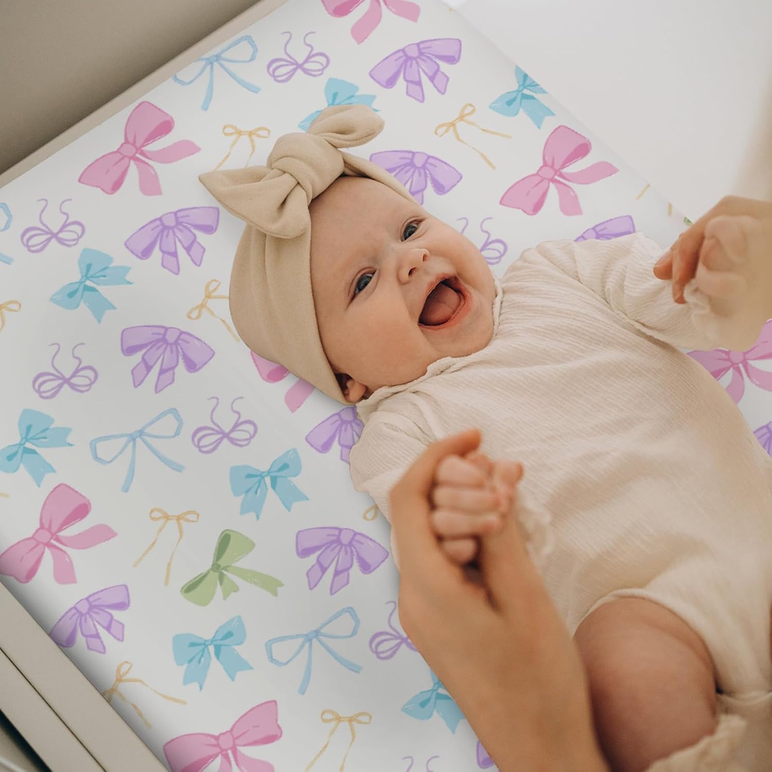 Spring Pastel Bows Baby Changing Pad Covers for Boys Girls Colorful Rainbow Bows Fitted Change Table Pad Covers Mats Cute Girly Ribbon Soft Diaper Changing Pad Sheets for 32''×16'' Contoured Pad image 3