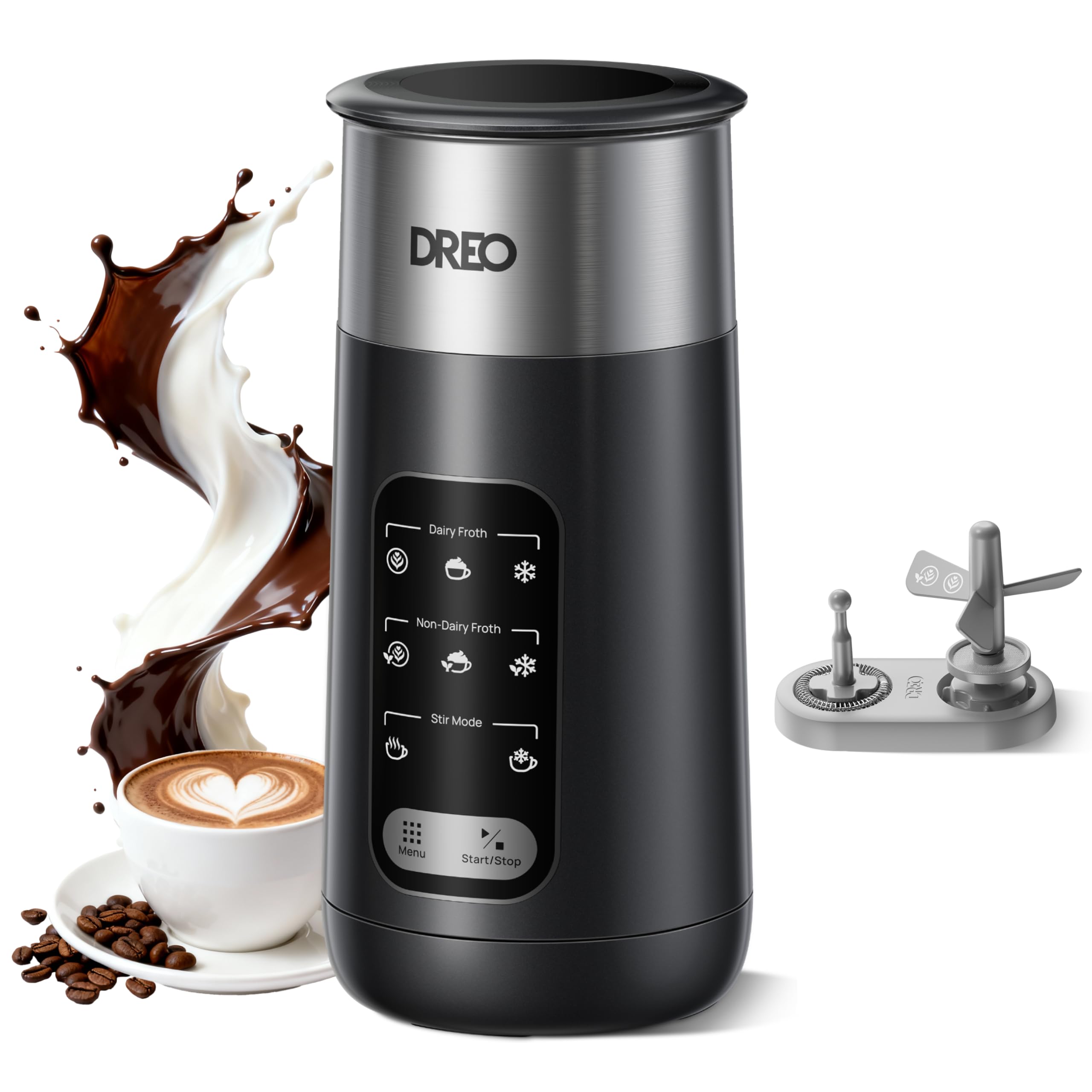 DREO Milchaufschäumer, 8-in-1 Elektrischer Milchschäumer für Latte, Cappuccino, Heiße Schokolade, 270ml Automatischer Aufschäumer aus Edelstahl für warmen und kalten Schaum, LED, leicht zu reinigen