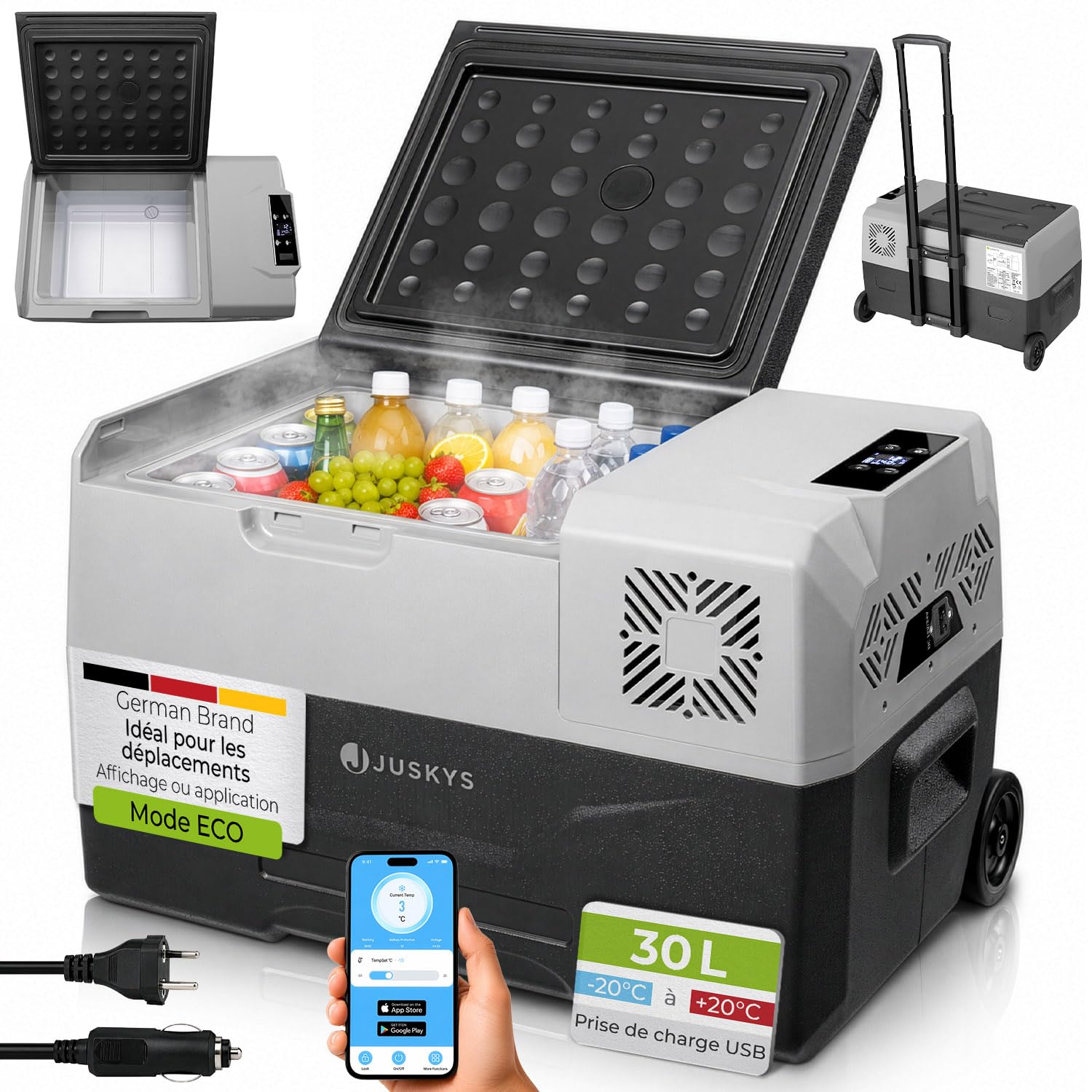 Juskys Glacière à compresseur 30 litres 12/24/230 V pour Voiture, Camion, Camping-Car - Mini réfrigérateur Froid et Chaud - glacière à compresseur pour Prise de Courant - Gris
