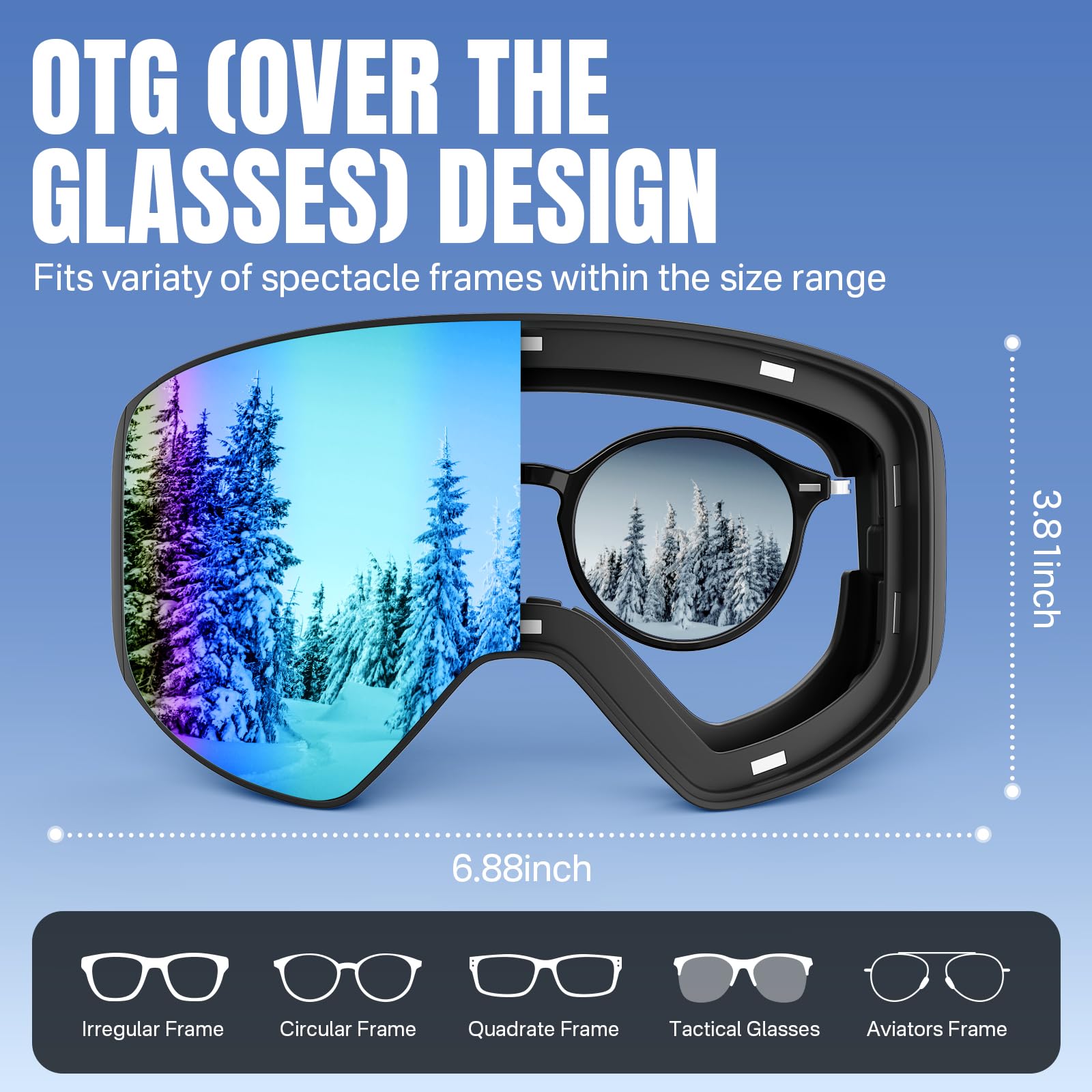 OTG Skibrille für Herren Damen,Snowboardbrille für Brillenträger Anti-Beschlag & 100% UV-Schutz,OTG Skibrille Herren Schneebrille für Skifahren & Wintersport