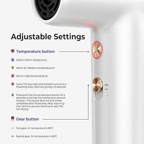 Miniatura 5 de Mini secador de pelo, secador de pelo iónico de alta velocidad de 4 temperaturas, secador de pelo pequeño portátil ligero de 2 velocidades, secador