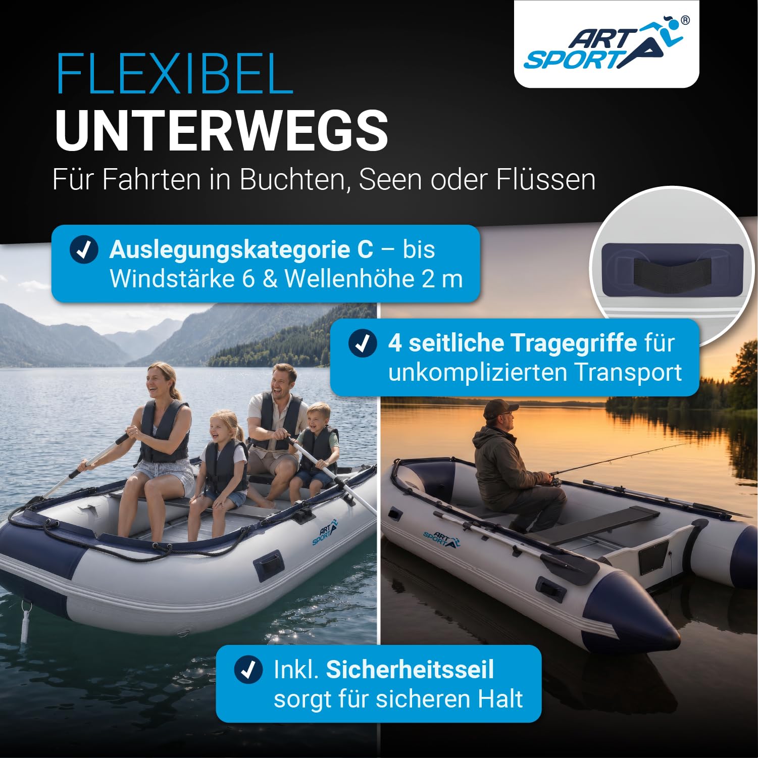 ArtSport Schlauchboot 3,20 m für 4 Personen mit 2 Sitzbänke & Aluboden - Paddelboot mit Paddel, Pumpe, Tasche & Reparaturset - Angelboot aufblasbar