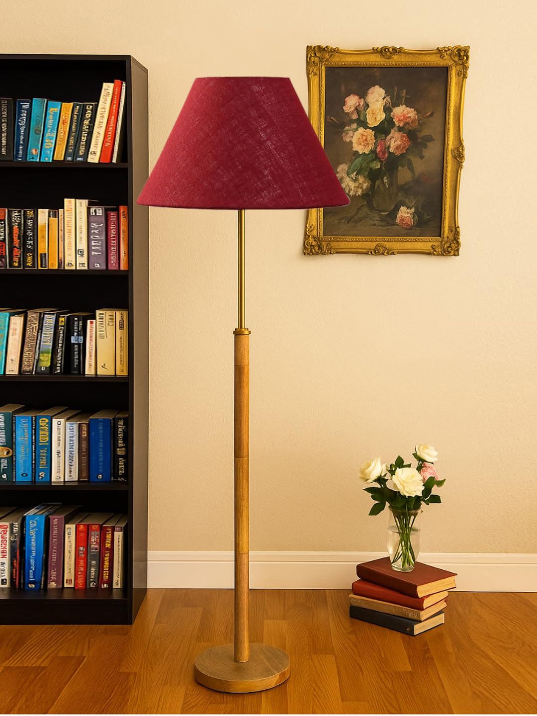 Devansh Vintage Jute Shade Tall Decorative Floor Lamp with Distressed Teal Wooden Base (Maroon, 56.75 Inch)– Antique Rustic Standing Lamp for Living Room, Bedroom & Study | Decorative Ambient Lighting-picture-16