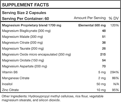 Miniatura 2 de Magni7 - 7 formas de magnesio con vitamina B6, zinc, manganeso e inositol - 500 mg de magnesio elemental - Apoya la energía, el sueño, el estrés,