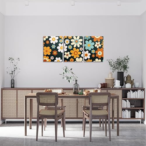 Miniatura 2 de Decoración de pared retro de los años 80, 12 x 16 pulgadas, 3 piezas de arte hippie para niños, acuarela, lienzo floral, arte de pared, blanco,