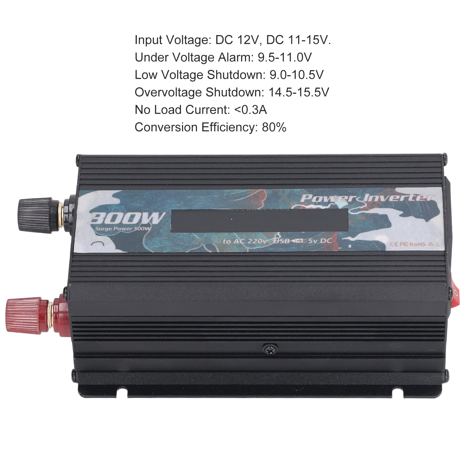 Garosa Przetwornica Napięcia Samochodu 300 W Przetwornica Sinusoidalna ze Stopu Aluminium AC 220 V 50 Hz z Wyświetlaczem LCD 2 A USB Moc Szczytowa 500 W do Podróży Samochodem Podróże Samochodowe